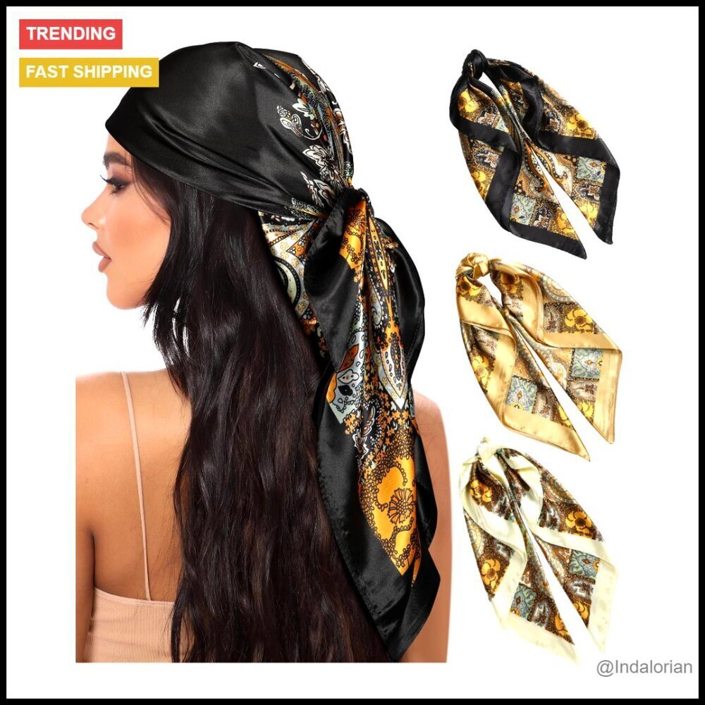 Large Square Satin Head Scarf Set Elegant Silk Feeling Bandana Boho Chic